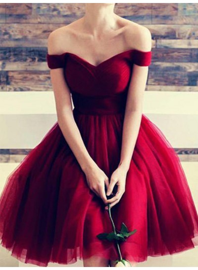 Knee-Length Tulle Off-The-Shoulder Sweetheart Burgundy Homecoming Dresses