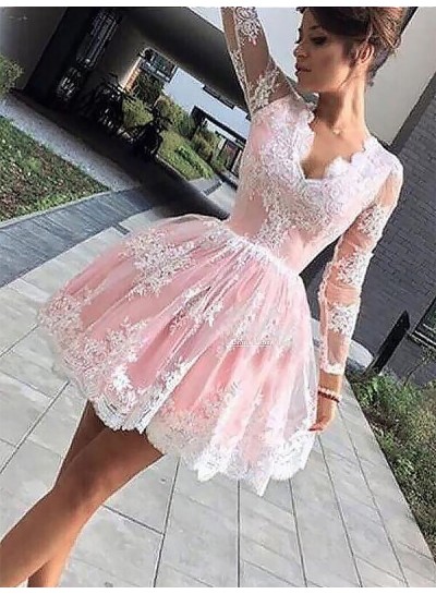 Ball Gown V Neck Long Sleeve Applique Cut Short Mini Homecoming Dresses