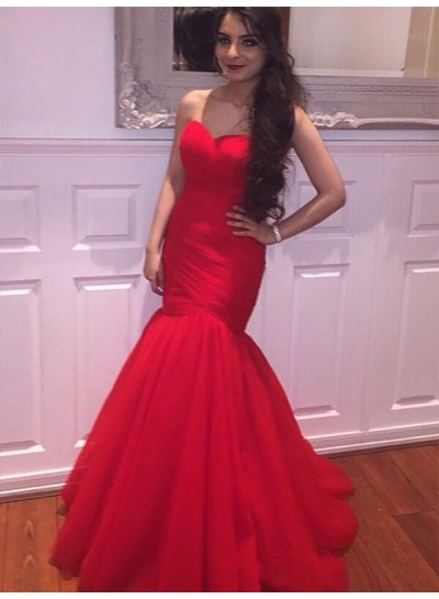 2024 Strapless Prom Dresses Sweetheart Red Satin Mermaid Ruched Simple Exquisite Ruffles