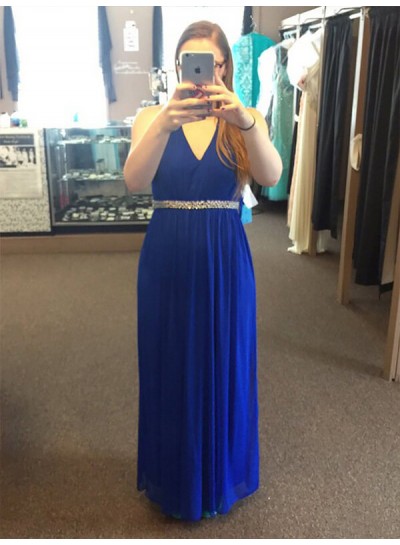 2023 Prom Dresses Royal-Blue Chiffon V-Neck Sleeveless Sash Rhinestone Pleated Floor Length