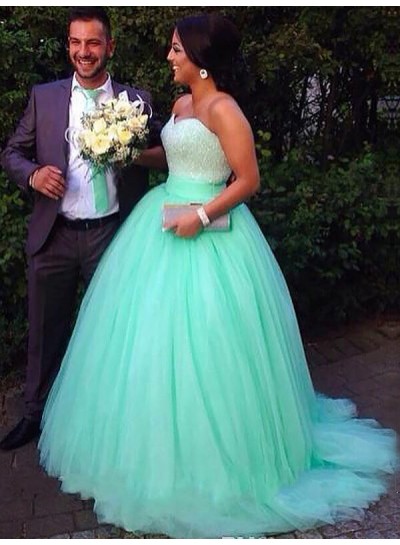 2024 Strapless Prom Dresses Tulle Sweetheart Turquoise Ball Gown Sparkle Floor Length