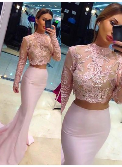 2024 Two Pieces Prom Dresses Blushing Pink Lace High Neck Satin Mermaid Long Sleeve