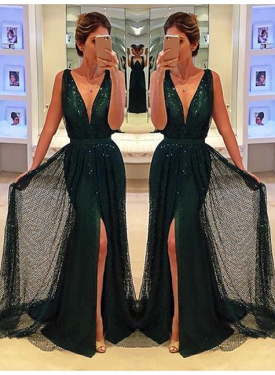 2023 Deep V-Neck Prom Dresses Sleeveless Sequins Tulle Pleated Dark Green Sheath Side Split