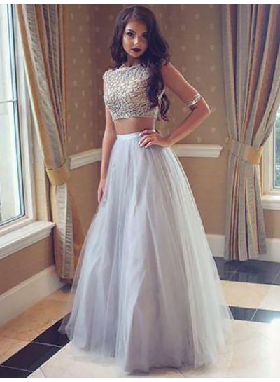 2024 Two Pieces Prom Dresses Grey Tulle Cap Sleeve A-Line Pleated Jewel Long