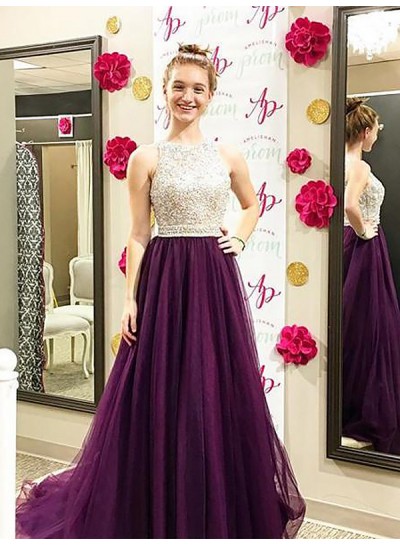 2024 Jewel Prom Dresses Sleeveless Rhinestone Purple Pleated Floor Length Tulle