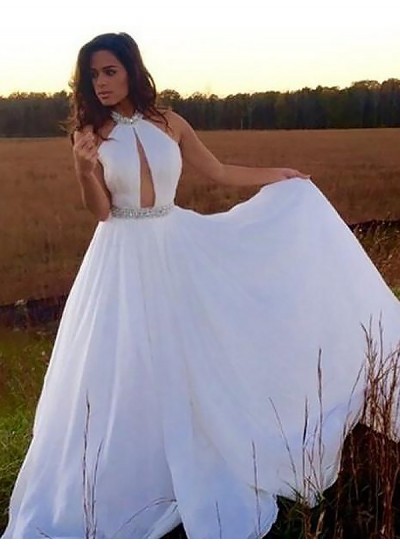 2023 Prom Dresses Cut Out Halter Chiffon White A-Line Rhinestone Sexy Long