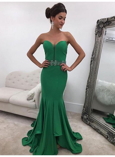 2024 Strapless Prom Dresses Sweetheart Green Sheer Mermaid Rhinestone Sexy Ruffles