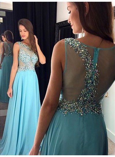 2024 Scoop Prom Dresses Sheer Back Rhinestone Chiffon See Through A-Line Blue Sparkle Sleeveless