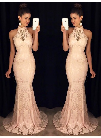 2023 Prom Dresses Elegant Halter Lace Mermaid Pink Sexy Sheer Floor Length