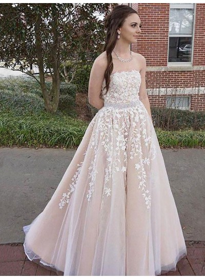 2024 Strapless Prom Dresses Sweetheart A-Line Champagne Rhinestone Appliques Flowers Long