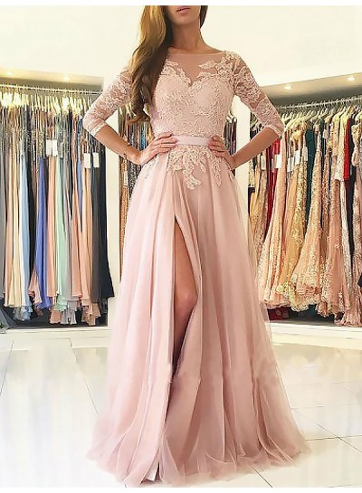2024 Side Split Prom Dresses Bateau Appliques 3/4 Sleeve Sheer Tulle Pink Pleated
