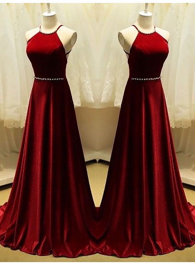 2024 A-Line Prom Dresses Burgundy Halter Pearls Straps Backless Satin Pleated