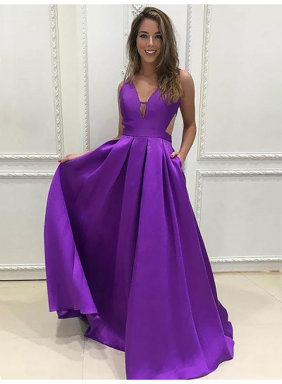 2024 Prom Dresses Purple Satin Cut Out V-Neck Sleeveless A-Line Pleated Sexy Long
