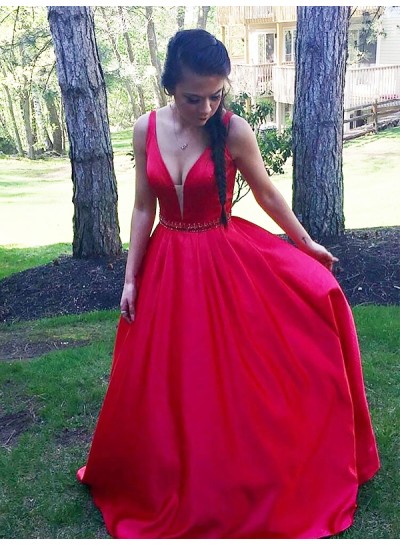 2024 Satin Prom Dresses Red V-Neck Sleeveless A-Line Pleated Simple Long