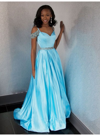 2024 Off The Shoulder Prom Dresses Blue A-Line V-Neck Rhinestone Beaded Satin