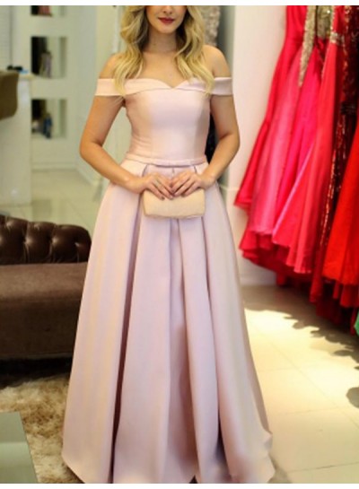 2024 Off The Shoulder Prom Dresses A-Line Pleated Satin Pink Long Simple
