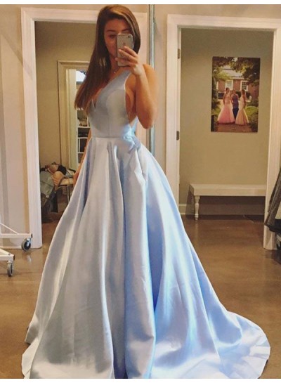 2023 Deep V-Neck Prom Dresses Blue Sexy Sleeveless A-Line Pleated Long Simple Satin
