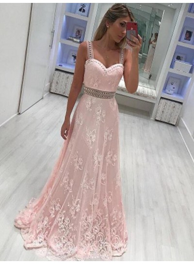 2024 Sweetheart Prom Dresses Pink Sheer Straps A-Line Lace Flowers Sleeveless Long