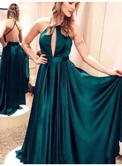 2024 Prom Dresses Teal Halter Hollow Criss Cross Backless Long Satin Sexy Pleated Straps
