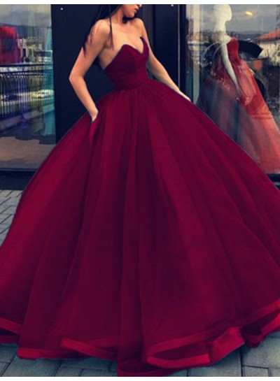 2023 Sweetheart Prom Dresses Ball Gown Burgundy Satin Strapless Pockets Pleated Backless Long