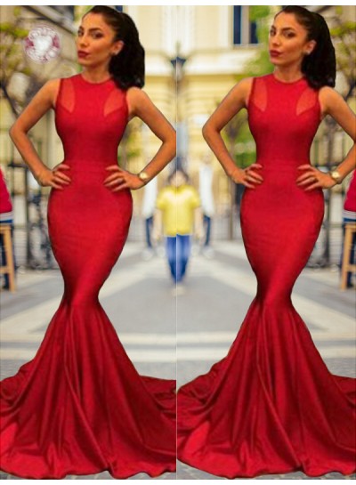 2024 Jewel Prom Dresses Sleeveless Mermaid Red Sexy Simple Satin Pleated