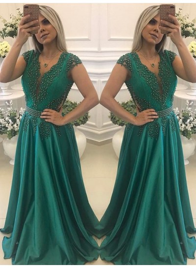 2024 V-neck Prom Dresses Cap Sleeve Hunter A-Line Satin Pleated Hollow Appliques