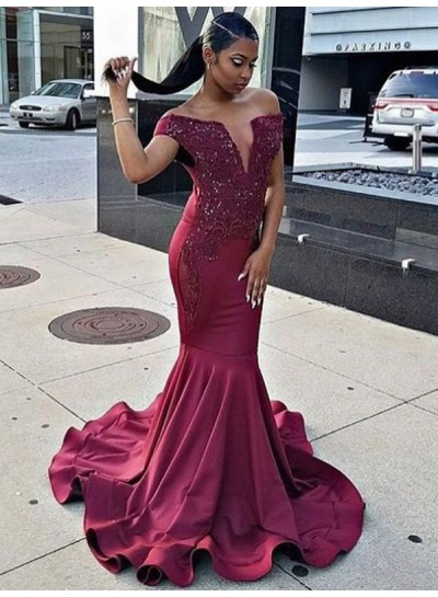 2024 Burgundy Prom Dresses Off The Shoulder V-Neck Mermaid Sexy Appliques Satin Long