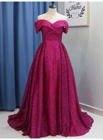 2024 Prom Dresses Fuchsia A-Line Off The Shoulder Sweetheart Simple Sequins Sparkle