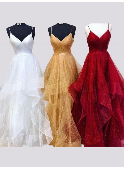 2024 Prom Dresses Organza Spaghetti Straps Criss Cross Ruffles V-Neck Long