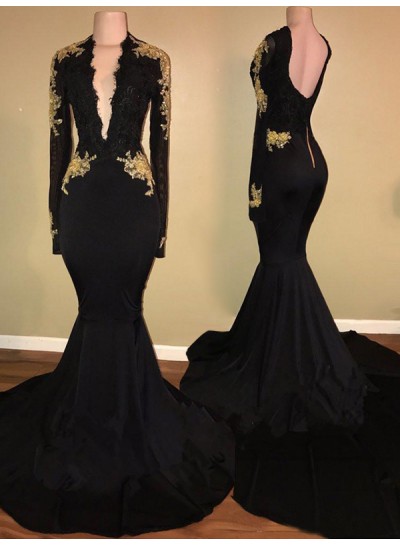2024 Deep V-Neck Prom Dresses Backless Long Sleeve Satin Black Mermaid Appliques
