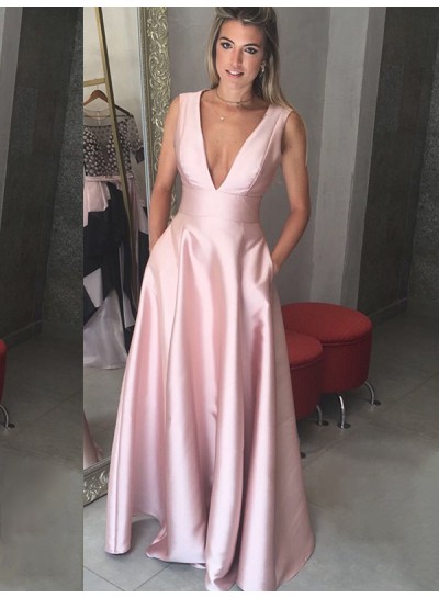2024 Deep V-Neck Prom Dresses Sleeveless Pink Pleated Satin Sexy Simple A-Line