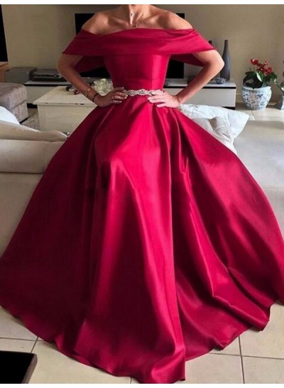 2024 A-Line Prom Dresses Fuchsia Short Sleeve Satin Pleated Off The Shoulder Long