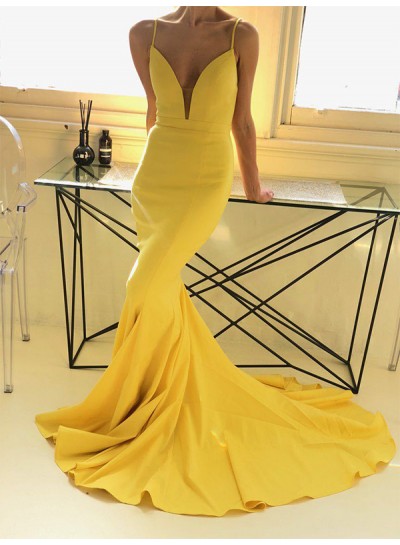 2024 Daffodil Prom Dresses Spaghetti Straps Deep V-Neck Mermaid Sexy Satin Long