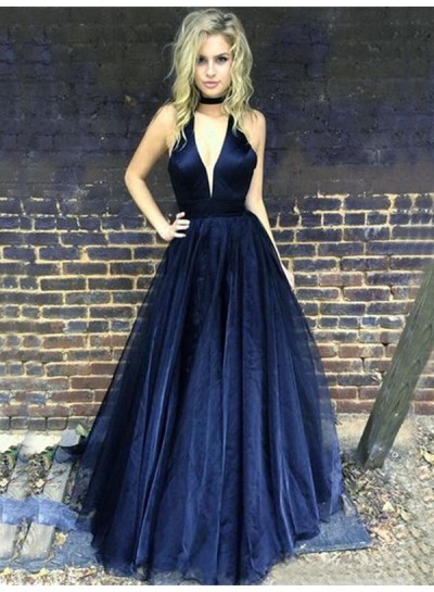 2024 Deep V-Neck Prom Dresses A-Line Pleated Tulle Dark Navy Sexy Simple