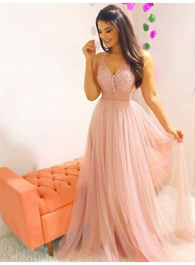 2023 Tulle Prom Dresses V-Neck Sleeveless Beaded Sheer Pleated A-Line Cute Charming