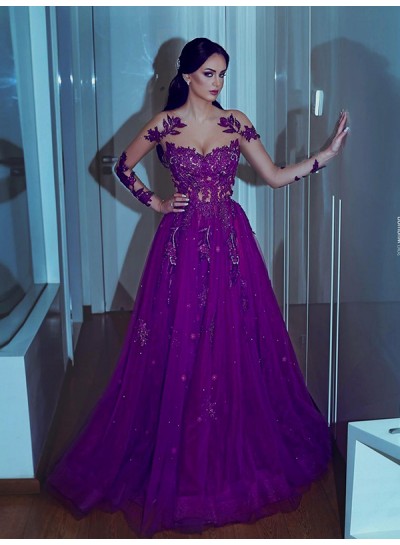 2024 Long Sleeve Prom Dresses Exquisite Scoop Appliques Sheer Purple Lace A-Line