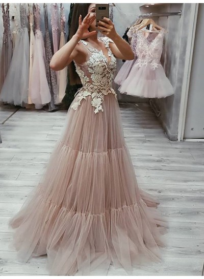 2024 Appliques Prom Dresses Deep V-Neck Cap Sleeve A-Line Tulle Dusty Rose Pleated