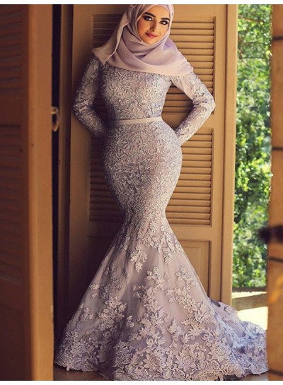 2024 Long Sleeve Prom Dresses Mermaid Lace Exquisite Appliques Flowers Sash