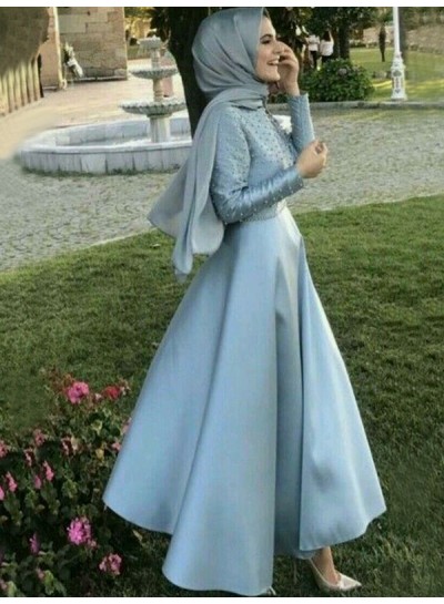 2024 Prom Dresses Blue Satin A-Line Pleated Long Sleeve Blue Ankle Length Elegant