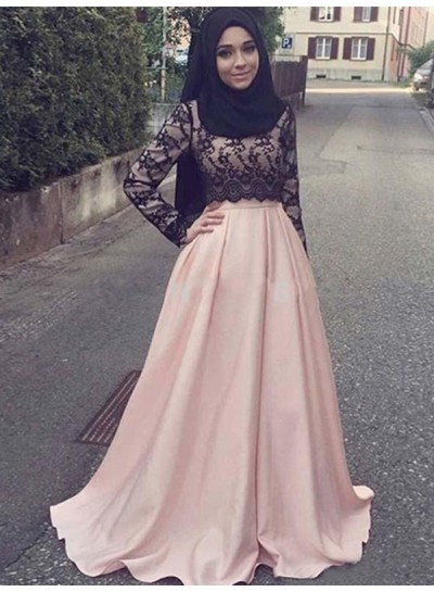 2024 Pink Prom Dresses Long Sleeve Lace Satin Pleated Floor Length Floral