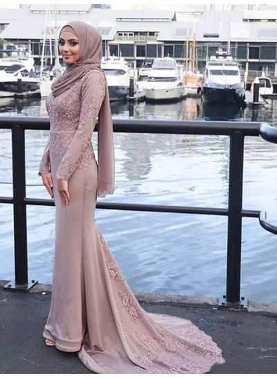 2024 Dusty Rose Prom Dresses Long Sleeve Appliques Flowers Lace Satin Sheath