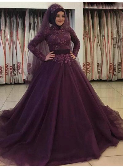 2024 Prom Dresses Grape Ball Gown Long Sleeve Lace Appliques Pleated Tulle