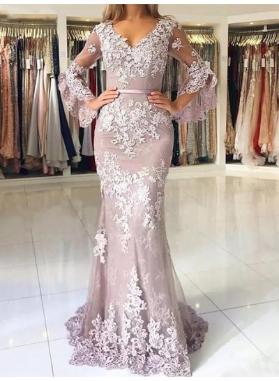 2024 V-neck Prom Dresses Grey Lace Appliques Long Sleeve Mermaid Flowers Exquisite