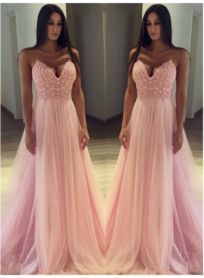 2024 Spaghetti Straps Prom Dresses Pink V-Neck Sexy Tulle Lace Pleated