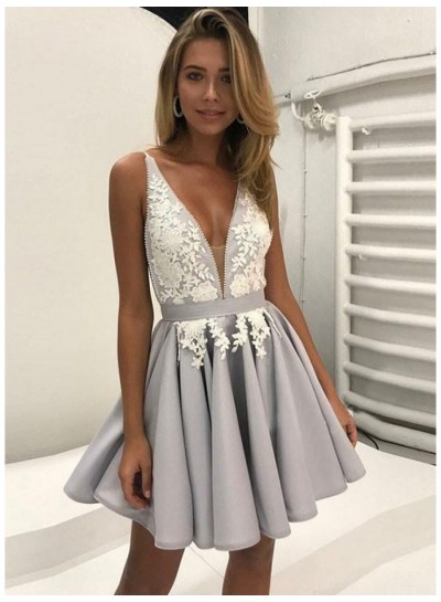 Silver Lace Deep V Neck Straps A Line Appliques Pleated Flowers Satin Homecoming Dresses