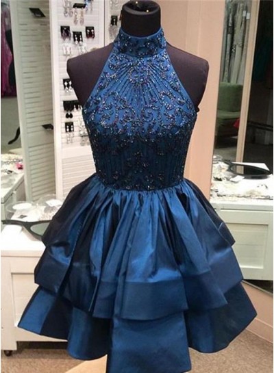 Halter High Neck Dark Blue Sleeveless A Line Tiered Satin Beading Appliques Homecoming Dresses