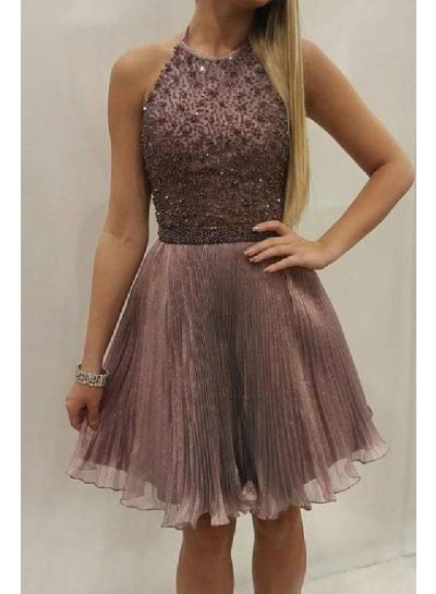 Halter Sleeveless Organza Brown A Line Pleated Beading Sparkle Charming Homecoming Dresses