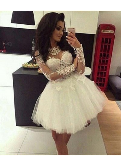 Jewel Long Sleeve Lace Appliques A Line Pleated Tulle Sheer Short Homecoming Dresses