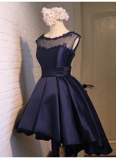 Scoop Ball Gown Backless Cap Sleeve Sheer High Low Dark Navy Satin Appliques Homecoming Dresses