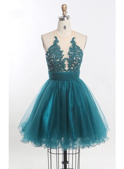 A Line Scoop Sleeveless Sheer Appliques Tulle Pleated Ruched Backless Homecoming Dresses